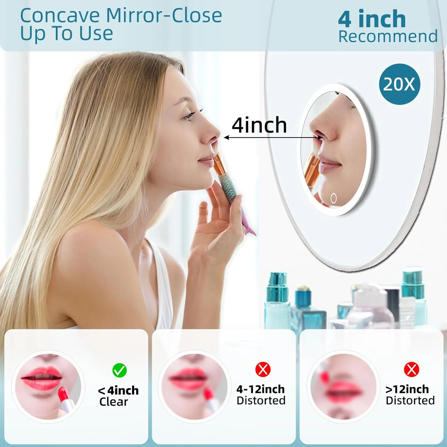 20X Concave Magnifying Mirror with Lights, 3 Color Lighting Adjustable Brightness, 6inch Travel Magnified Mirror with Suction Cups, Large 20x High Makeup Magnification and Tweezers