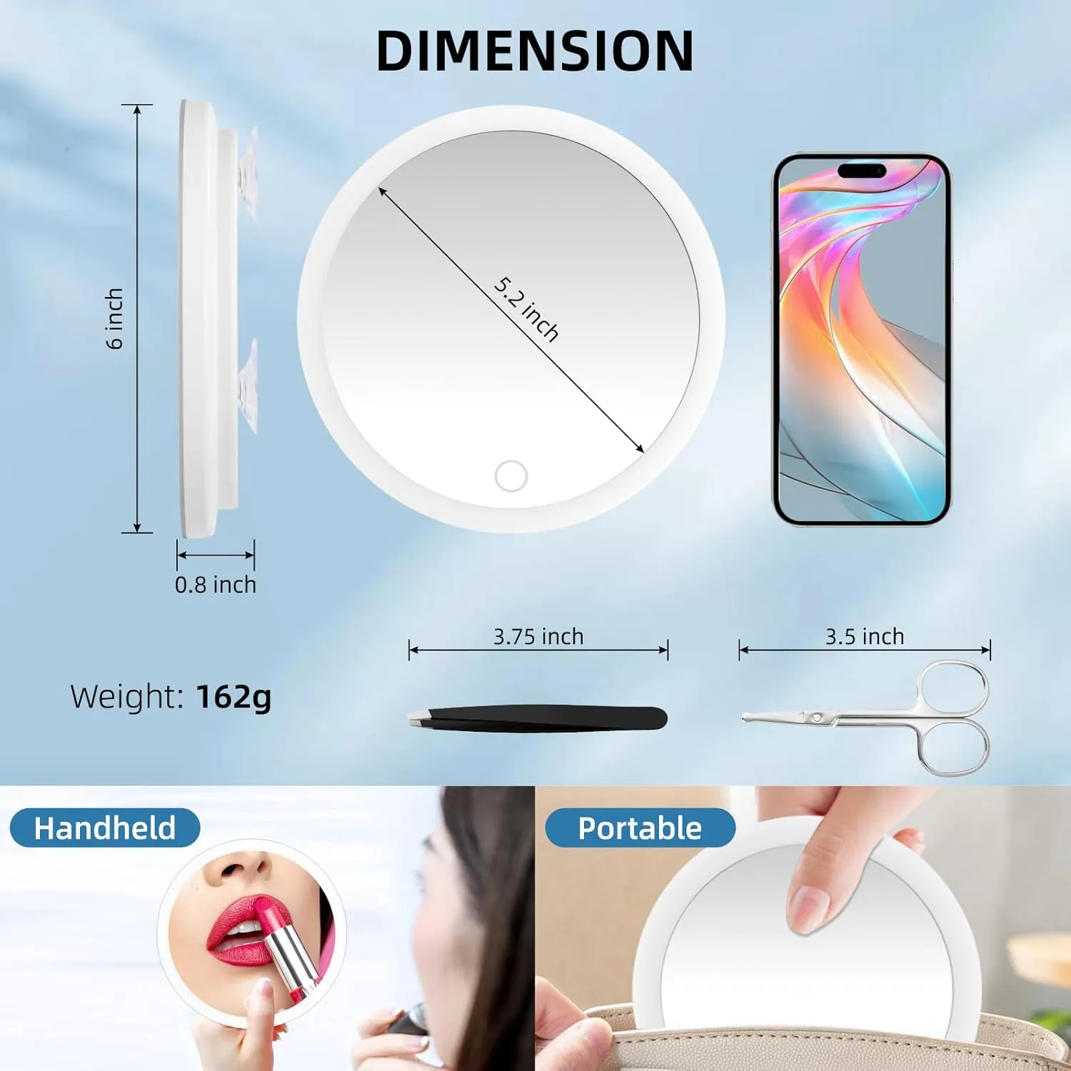 20X Concave Magnifying Mirror with Lights, 3 Color Lighting Adjustable Brightness, 6inch Travel Magnified Mirror with Suction Cups, Large 20x High Makeup Magnification and Tweezers