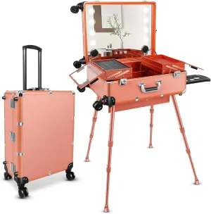 24'' Aluminum Trolley Makeup Train Case with 8 LED Light Rolling Cosmetic Organizer Studio Speaker Make up Artist Studio Free Standing Box with Mirror Makeup Vanity Station for Travel (Rose Gold)