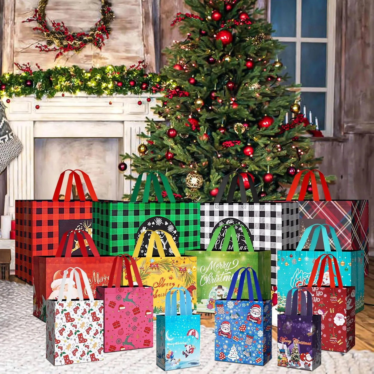 24 Pack Christmas Gift Bags Assorted Sizes with Handle, Reusable Tote Gift Bags Includes 4 Extra Large, 8 Large, 8 Medium, 4 Small, Non-Woven Christmas Bags for Gifts Xmas Party Holiday Favors