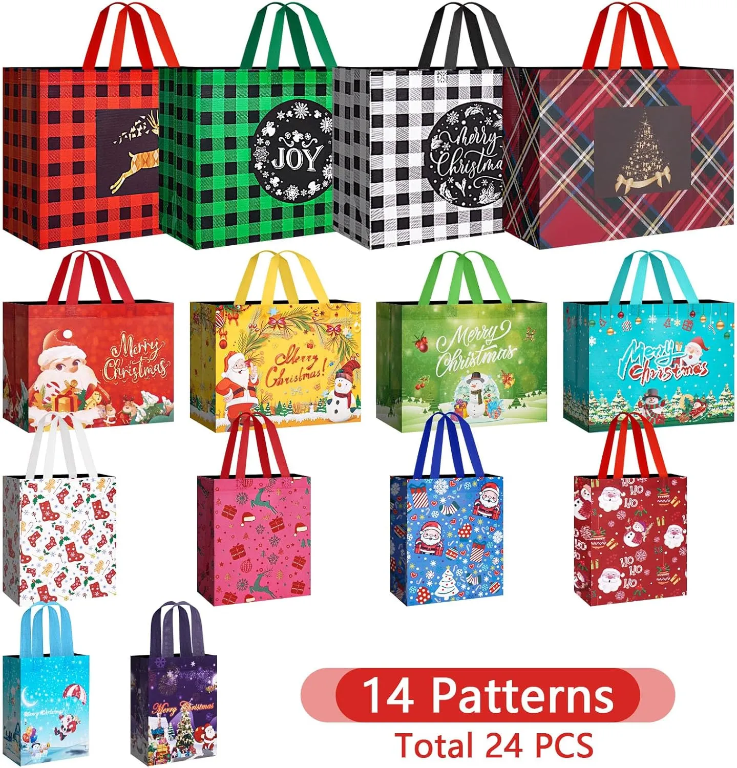 24 Pack Christmas Gift Bags Assorted Sizes with Handle, Reusable Tote Gift Bags Includes 4 Extra Large, 8 Large, 8 Medium, 4 Small, Non-Woven Christmas Bags for Gifts Xmas Party Holiday Favors