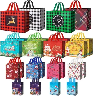24 Pack Christmas Gift Bags Assorted Sizes with Handle, Reusable Tote Gift Bags Includes 4 Extra Large, 8 Large, 8 Medium, 4 Small, Non-Woven Christmas Bags for Gifts Xmas Party Holiday Favors