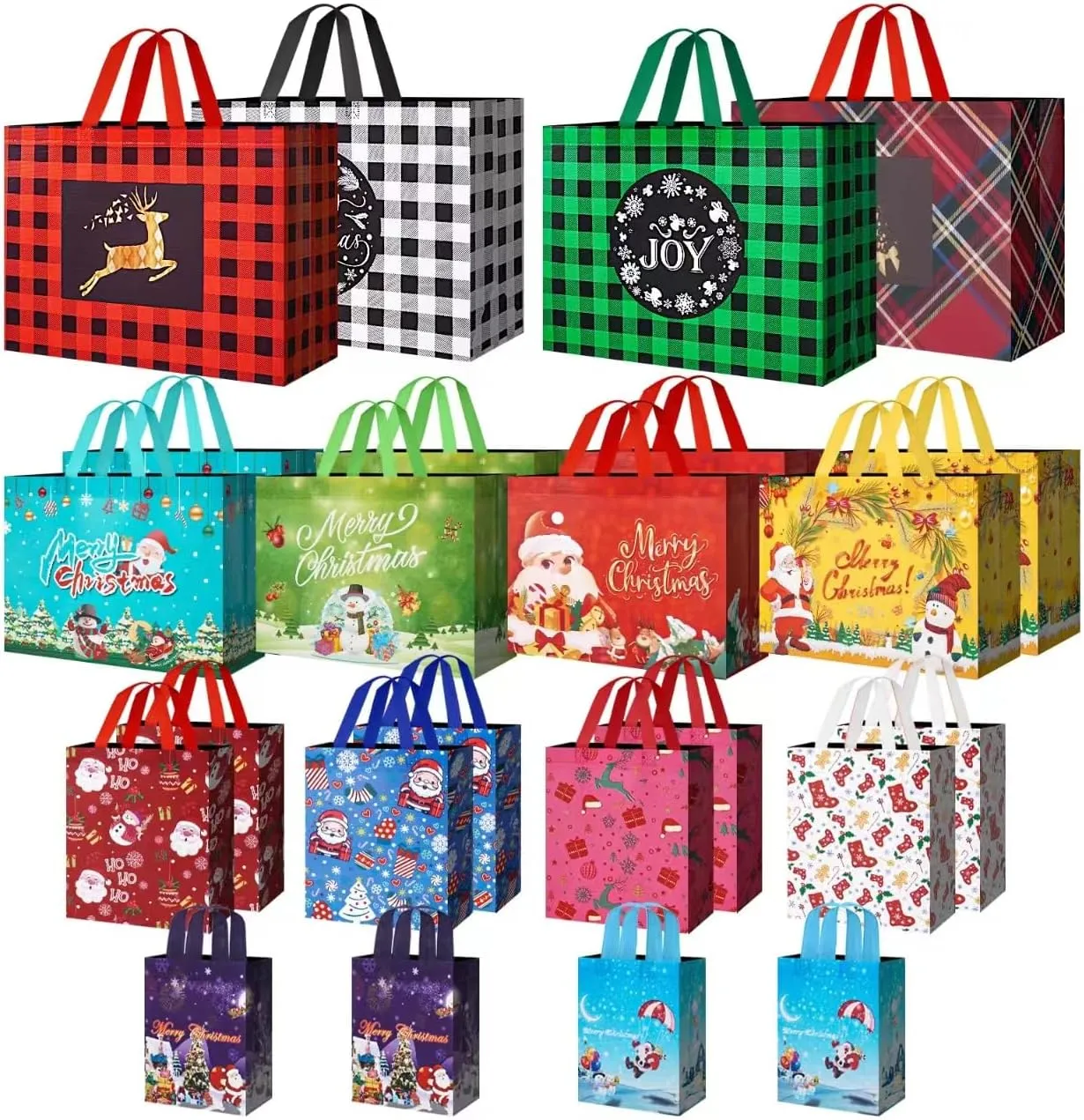 24 Pack Christmas Gift Bags Assorted Sizes with Handle, Reusable Tote Gift Bags Includes 4 Extra Large, 8 Large, 8 Medium, 4 Small, Non-Woven Christmas Bags for Gifts Xmas Party Holiday Favors