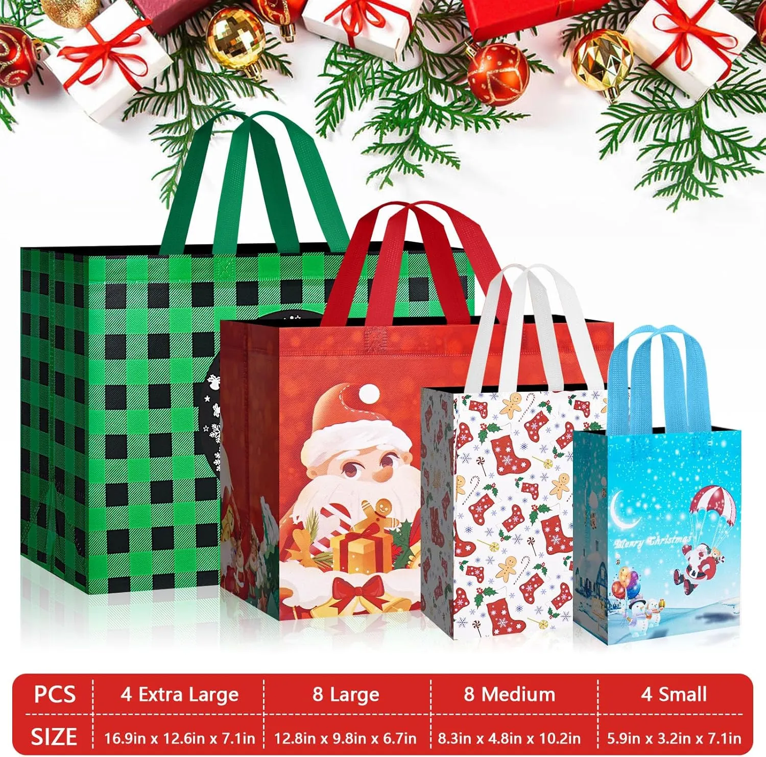 24 Pack Christmas Gift Bags Assorted Sizes with Handle, Reusable Tote Gift Bags Includes 4 Extra Large, 8 Large, 8 Medium, 4 Small, Non-Woven Christmas Bags for Gifts Xmas Party Holiday Favors