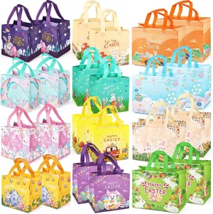 24PCS Easter Egg Hunt Bags, Assorted Sizes Happy Easter Bunny Carrot Chick Egg Gift Bags with Handles, Treat Bags, Multifunctional Non-Woven Easter Bags for Gifts Wrapping, Egg Hunt Game, Easter Party