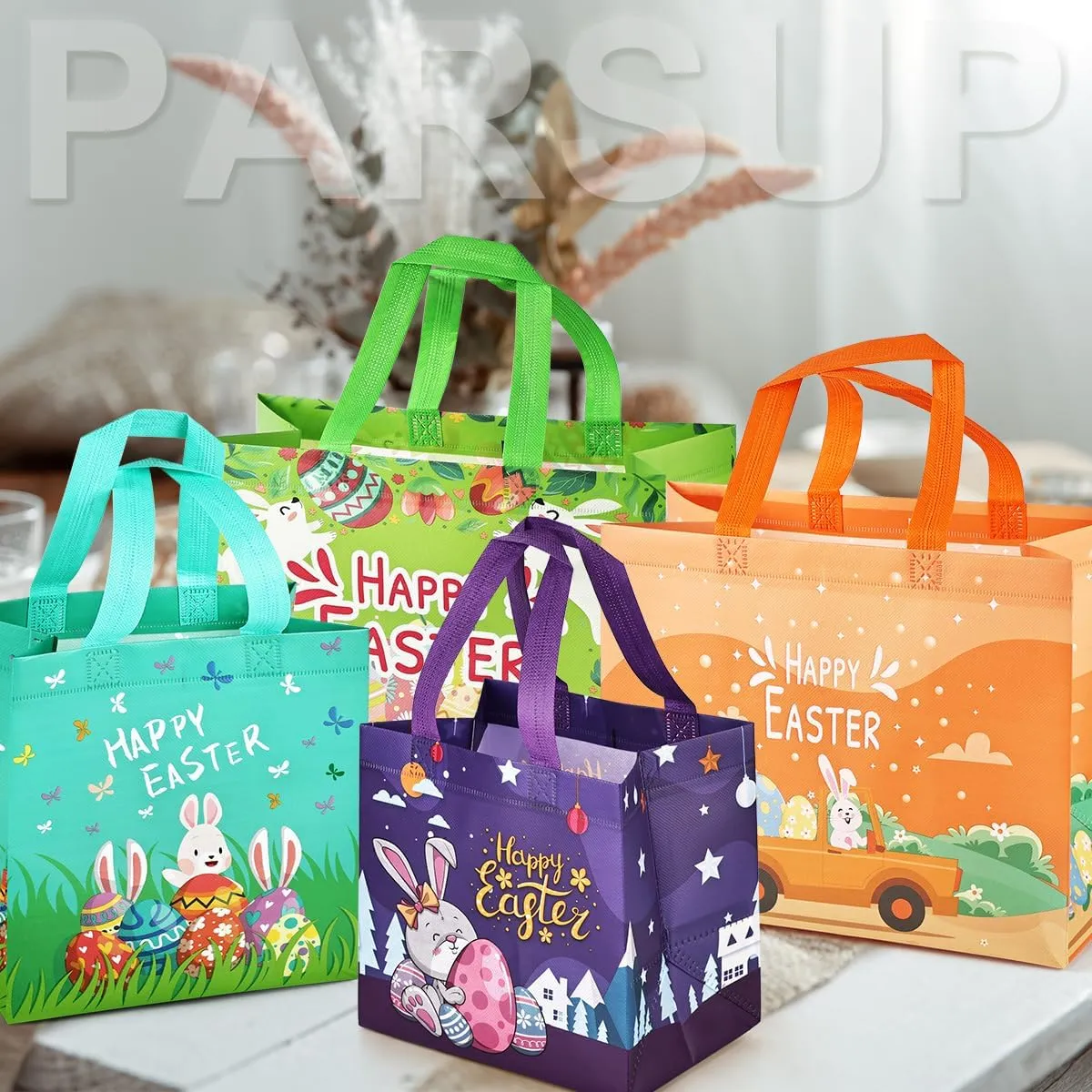 24PCS Easter Egg Hunt Bags, Assorted Sizes Happy Easter Bunny Carrot Chick Egg Gift Bags with Handles, Treat Bags, Multifunctional Non-Woven Easter Bags for Gifts Wrapping, Egg Hunt Game, Easter Party