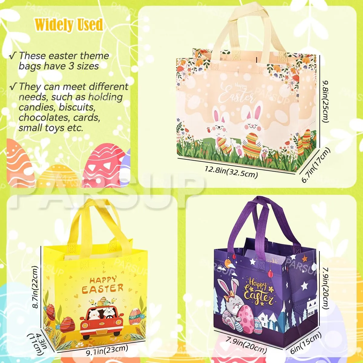 24PCS Easter Egg Hunt Bags, Assorted Sizes Happy Easter Bunny Carrot Chick Egg Gift Bags with Handles, Treat Bags, Multifunctional Non-Woven Easter Bags for Gifts Wrapping, Egg Hunt Game, Easter Party