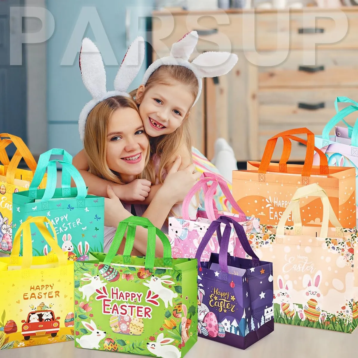 24PCS Easter Egg Hunt Bags, Assorted Sizes Happy Easter Bunny Carrot Chick Egg Gift Bags with Handles, Treat Bags, Multifunctional Non-Woven Easter Bags for Gifts Wrapping, Egg Hunt Game, Easter Party