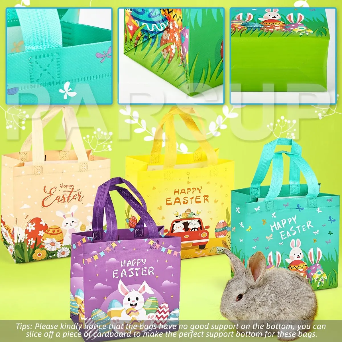 24PCS Easter Egg Hunt Bags, Assorted Sizes Happy Easter Bunny Carrot Chick Egg Gift Bags with Handles, Treat Bags, Multifunctional Non-Woven Easter Bags for Gifts Wrapping, Egg Hunt Game, Easter Party