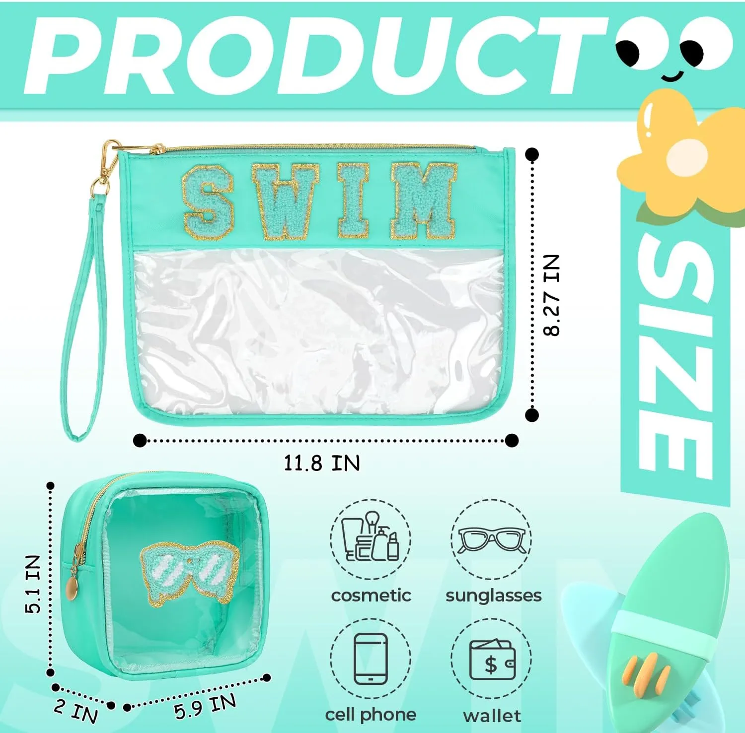 2Pcs Clear Swim Bag Chenille Varsity Letter Makeup Bag Preppy Patch Pouch Waterproof PVC Toiletry Organizer Flat Travel Cosmetic Bag Swimming Gifts for Women(Swim-TBlue)