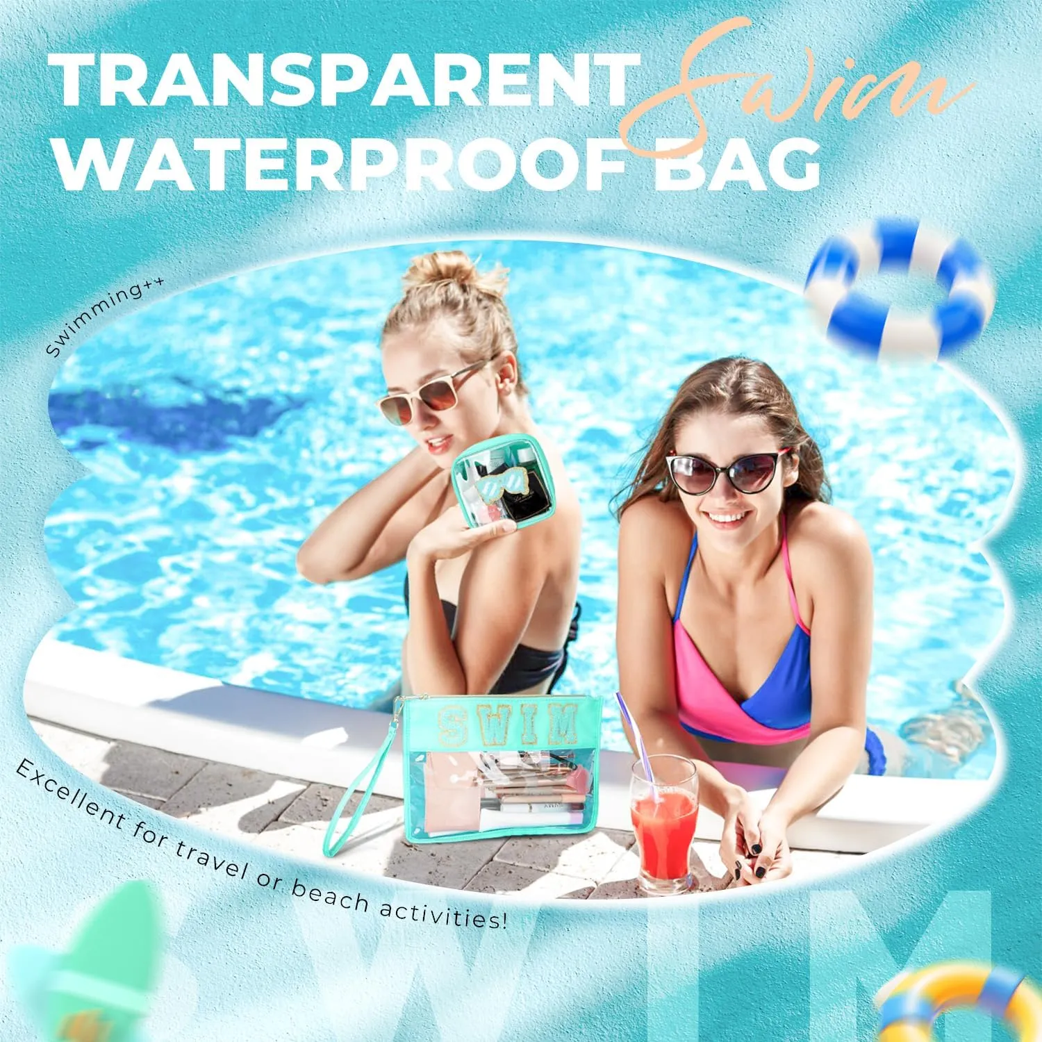 2Pcs Clear Swim Bag Chenille Varsity Letter Makeup Bag Preppy Patch Pouch Waterproof PVC Toiletry Organizer Flat Travel Cosmetic Bag Swimming Gifts for Women(Swim-TBlue)