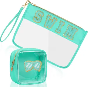 2Pcs Clear Swim Bag Chenille Varsity Letter Makeup Bag Preppy Patch Pouch Waterproof PVC Toiletry Organizer Flat Travel Cosmetic Bag Swimming Gifts for Women(Swim-TBlue)
