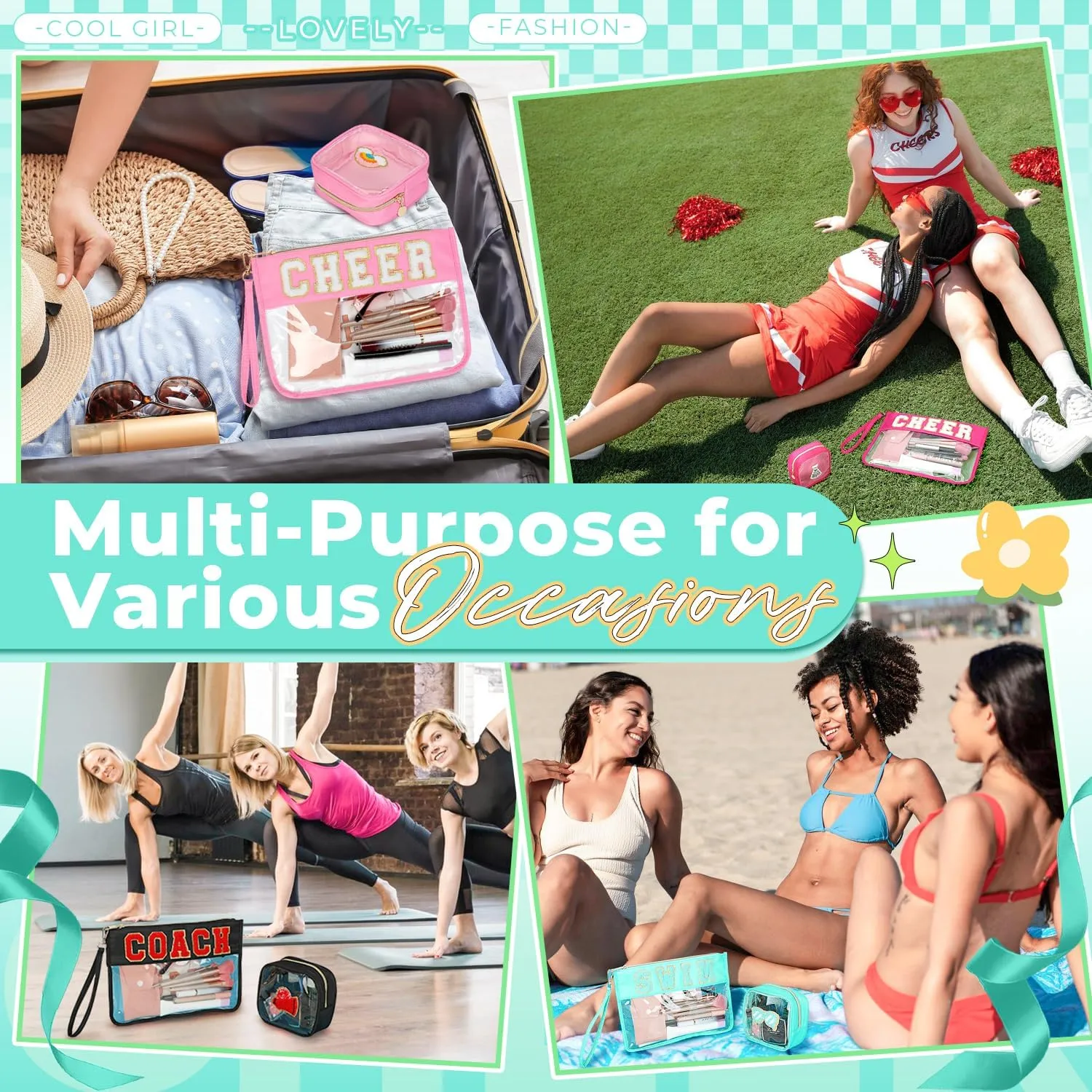 2Pcs Clear Swim Bag Chenille Varsity Letter Makeup Bag Preppy Patch Pouch Waterproof PVC Toiletry Organizer Flat Travel Cosmetic Bag Swimming Gifts for Women(Swim-TBlue)