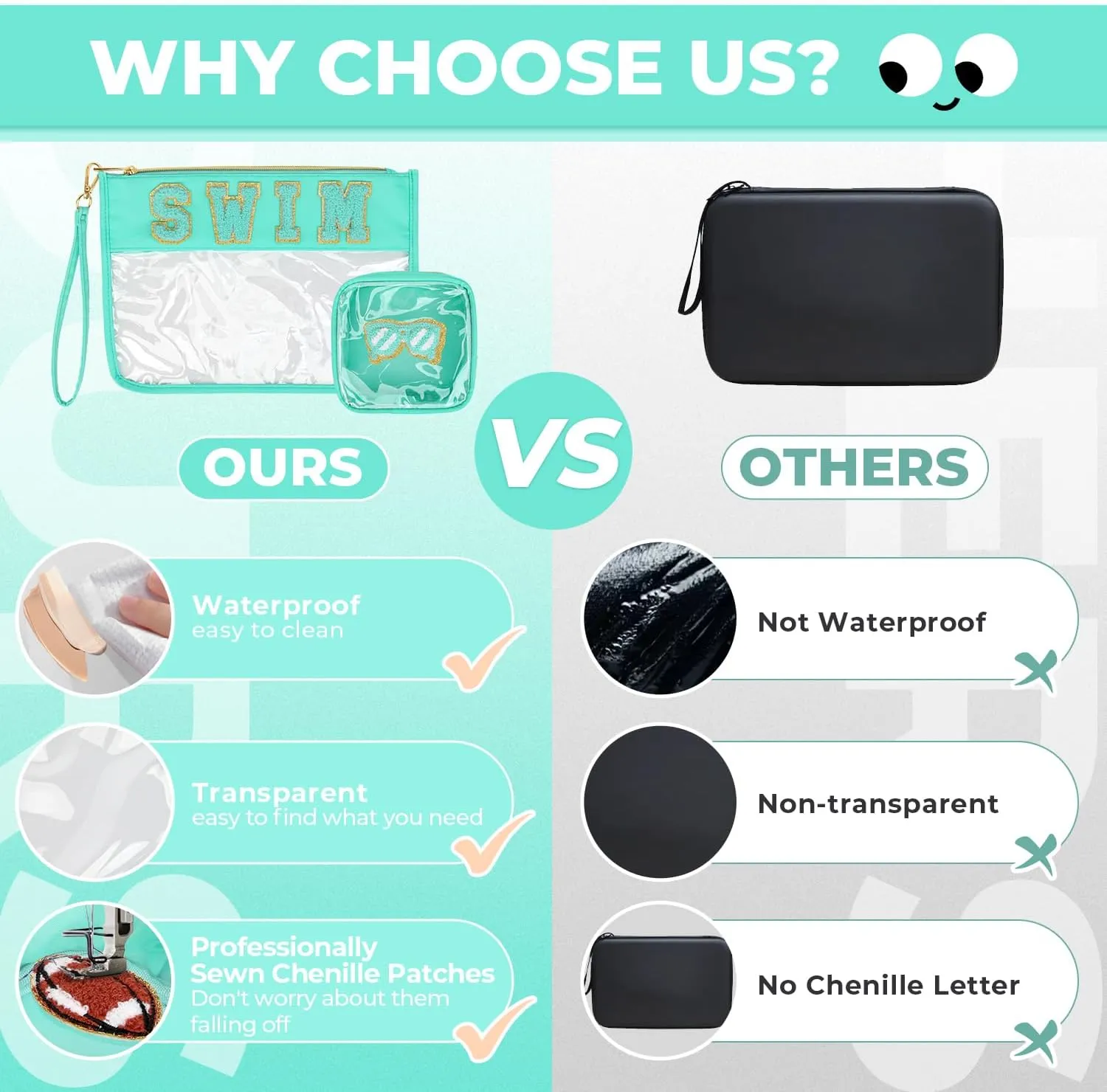 2Pcs Clear Swim Bag Chenille Varsity Letter Makeup Bag Preppy Patch Pouch Waterproof PVC Toiletry Organizer Flat Travel Cosmetic Bag Swimming Gifts for Women(Swim-TBlue)