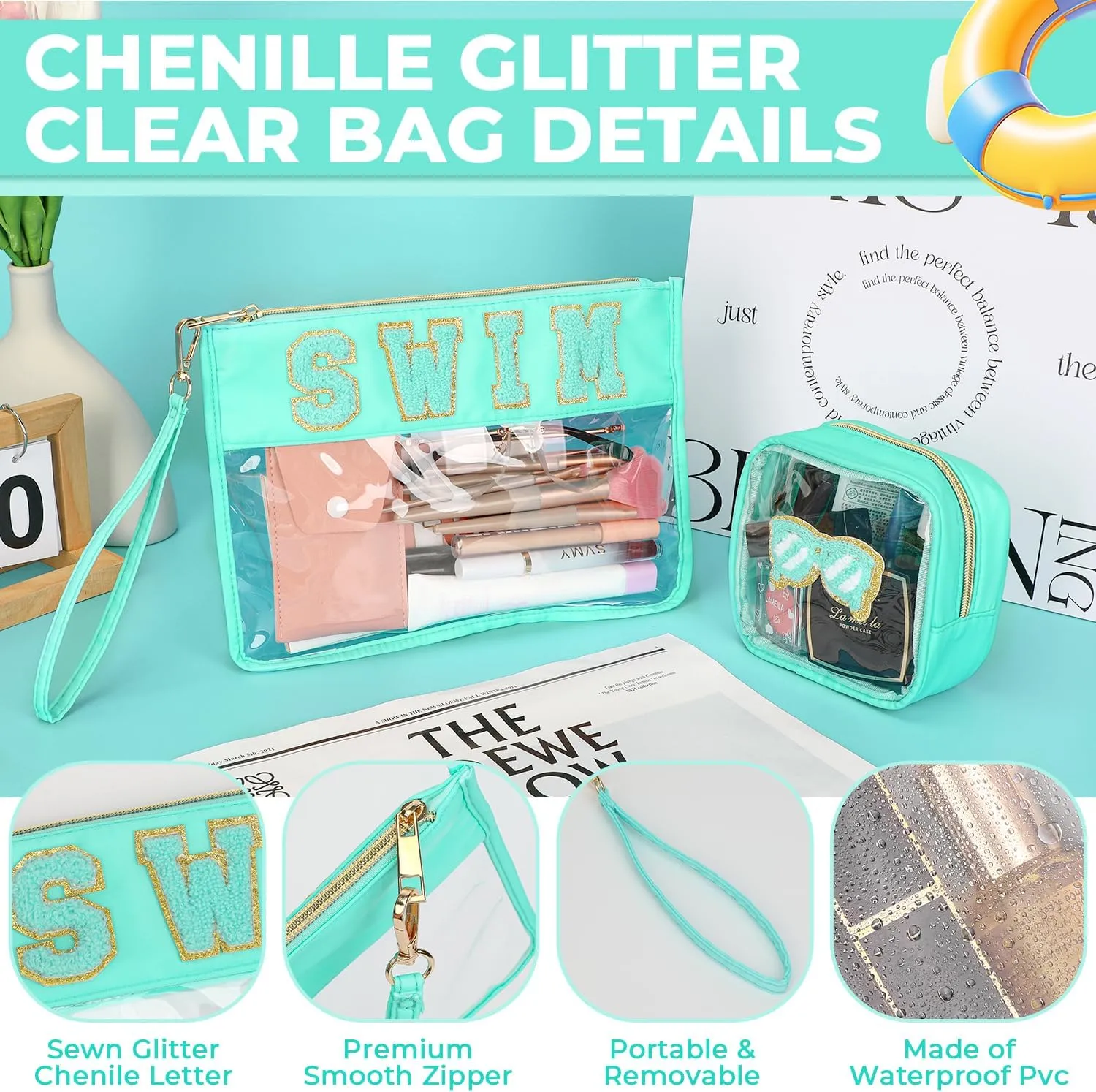 2Pcs Clear Swim Bag Chenille Varsity Letter Makeup Bag Preppy Patch Pouch Waterproof PVC Toiletry Organizer Flat Travel Cosmetic Bag Swimming Gifts for Women(Swim-TBlue)