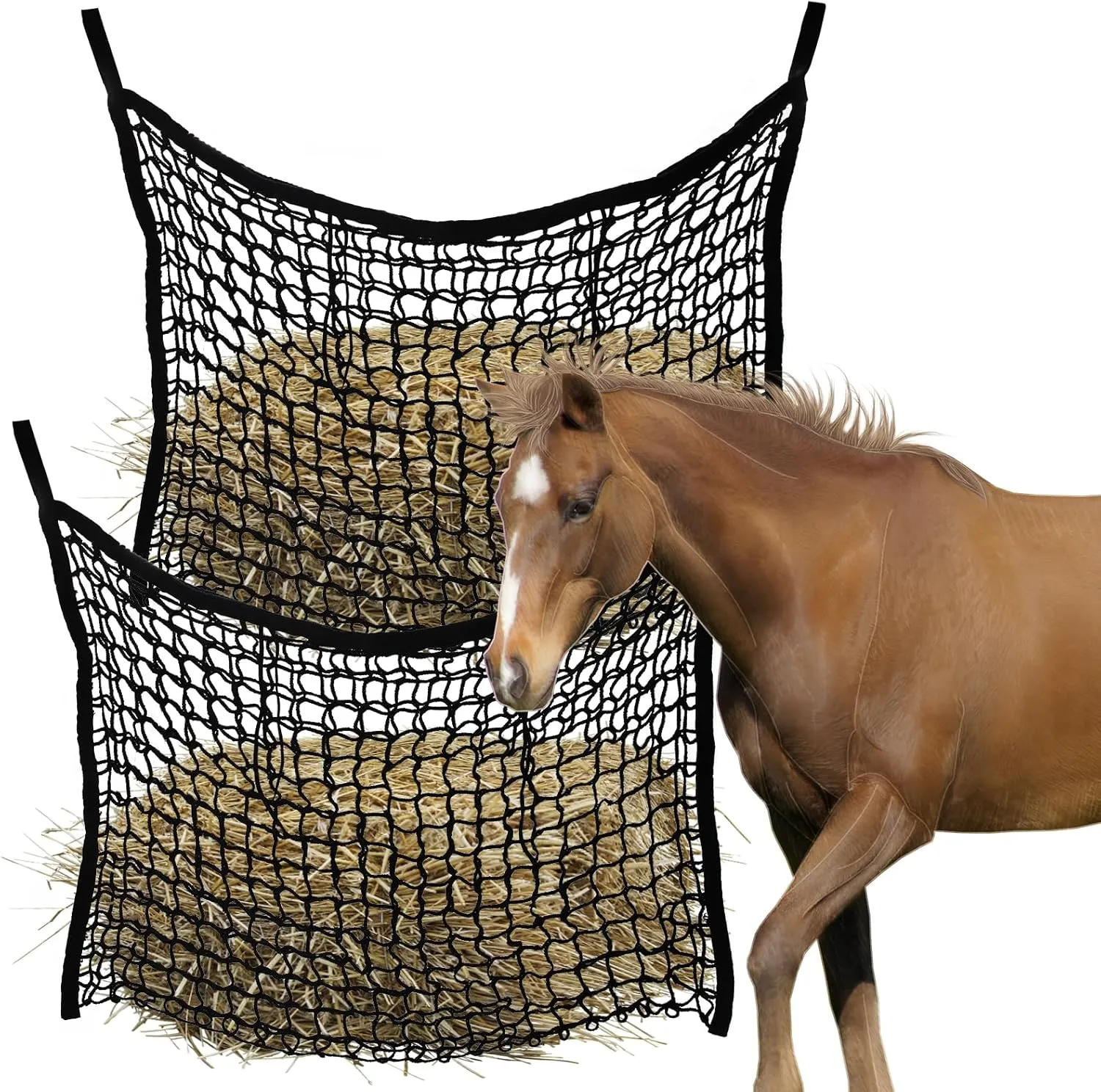 2PCS Horse Hay Feeder Net Slow Feed Bag ，Easy to Hang Hay Bag for Horses with Large Capacity Hay Nets for Horses Feeder Full Day Feeding (Black)