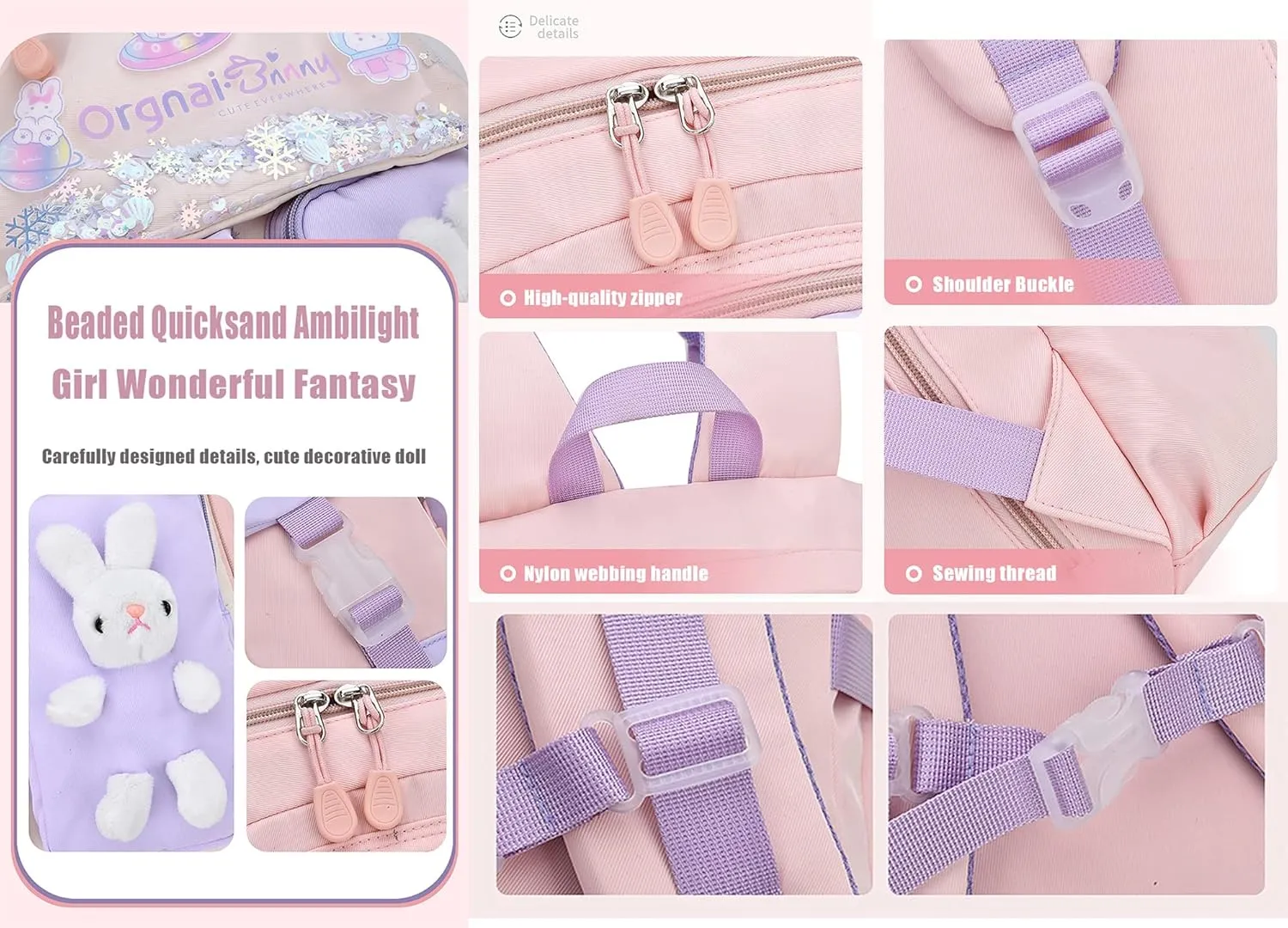 2PCS Kawaii Backpack for Girls,Cute School Bag with Pencil Bag,Bunny Backpacks for Girls,Aesthetic Book Bags with Beaded Quicksand & Rabbit Doll(Pink,16in)