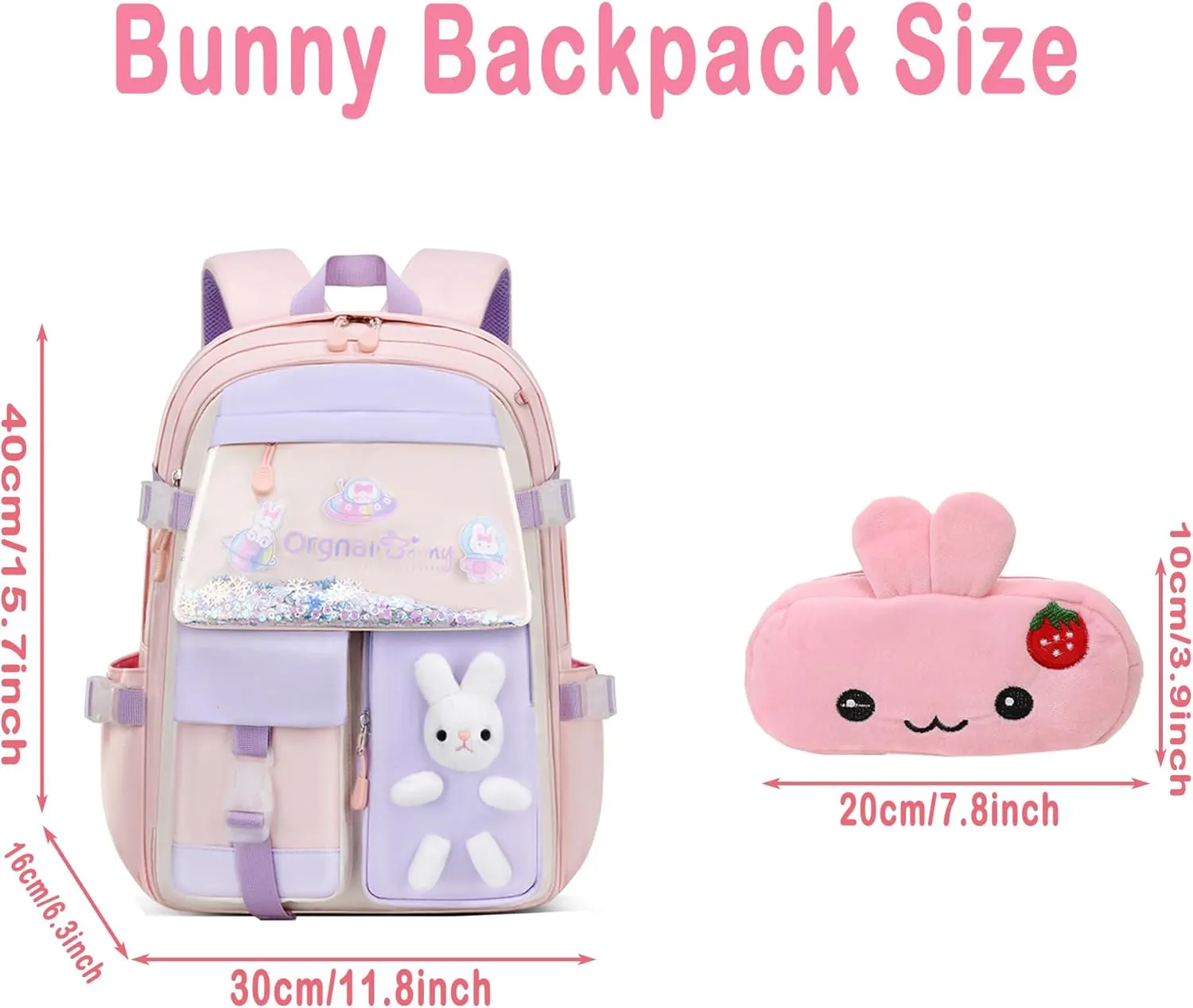 2PCS Kawaii Backpack for Girls,Cute School Bag with Pencil Bag,Bunny Backpacks for Girls,Aesthetic Book Bags with Beaded Quicksand & Rabbit Doll(Pink,16in)