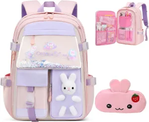 2PCS Kawaii Backpack for Girls,Cute School Bag with Pencil Bag,Bunny Backpacks for Girls,Aesthetic Book Bags with Beaded Quicksand & Rabbit Doll(Pink,16in)