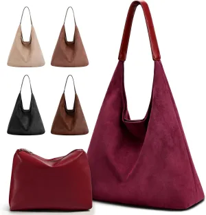 2PCS Suede Bag and Leather Purse Hobo Bags for Women Shoulder Bag Slouchy Bag Suede Tote Bag for Women Vegan