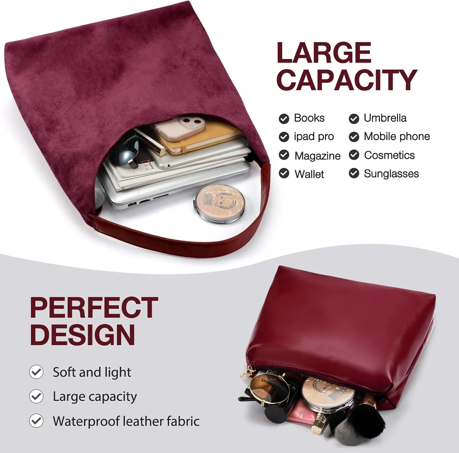 2PCS Suede Bag and Leather Purse Hobo Bags for Women Shoulder Bag Slouchy Bag Suede Tote Bag for Women Vegan