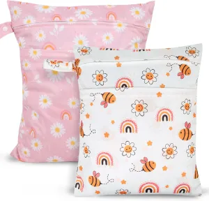 2pcs Travel Waterproof Laundry Bag, Cloth Diaper Wet Dry Bags with Handle & 2 Zipper Pockets, Reusable Washable Dirty Clothes Bag for Baby Adult Travelling Hanging, Bathing Beach Pool Daycare