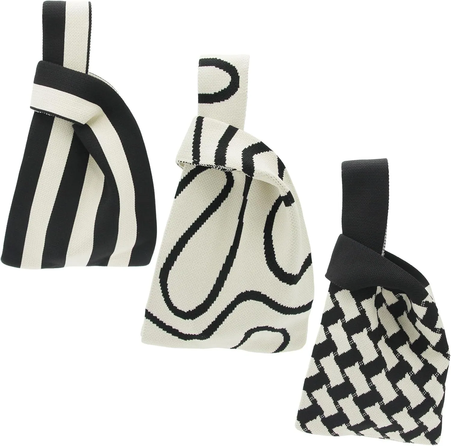 3 Pack Crochet Tote Bag for Women, Cute Knot Wrist Knitted Bag Durable Handbag Pouch, Casual Knit Purse for Outdoor Walking