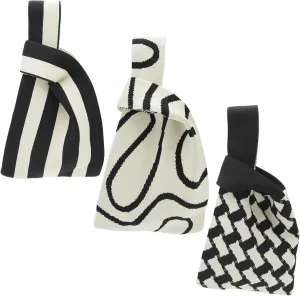3 Pack Crochet Tote Bag for Women, Cute Knot Wrist Knitted Bag Durable Handbag Pouch, Casual Knit Purse for Outdoor Walking