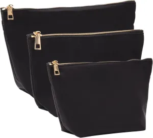 3 Piece Black Makeup Bag Set for Women, Nylon Zipper Cosmetic Pouch Organizers for Travel, Toiletries (3 Sizes)