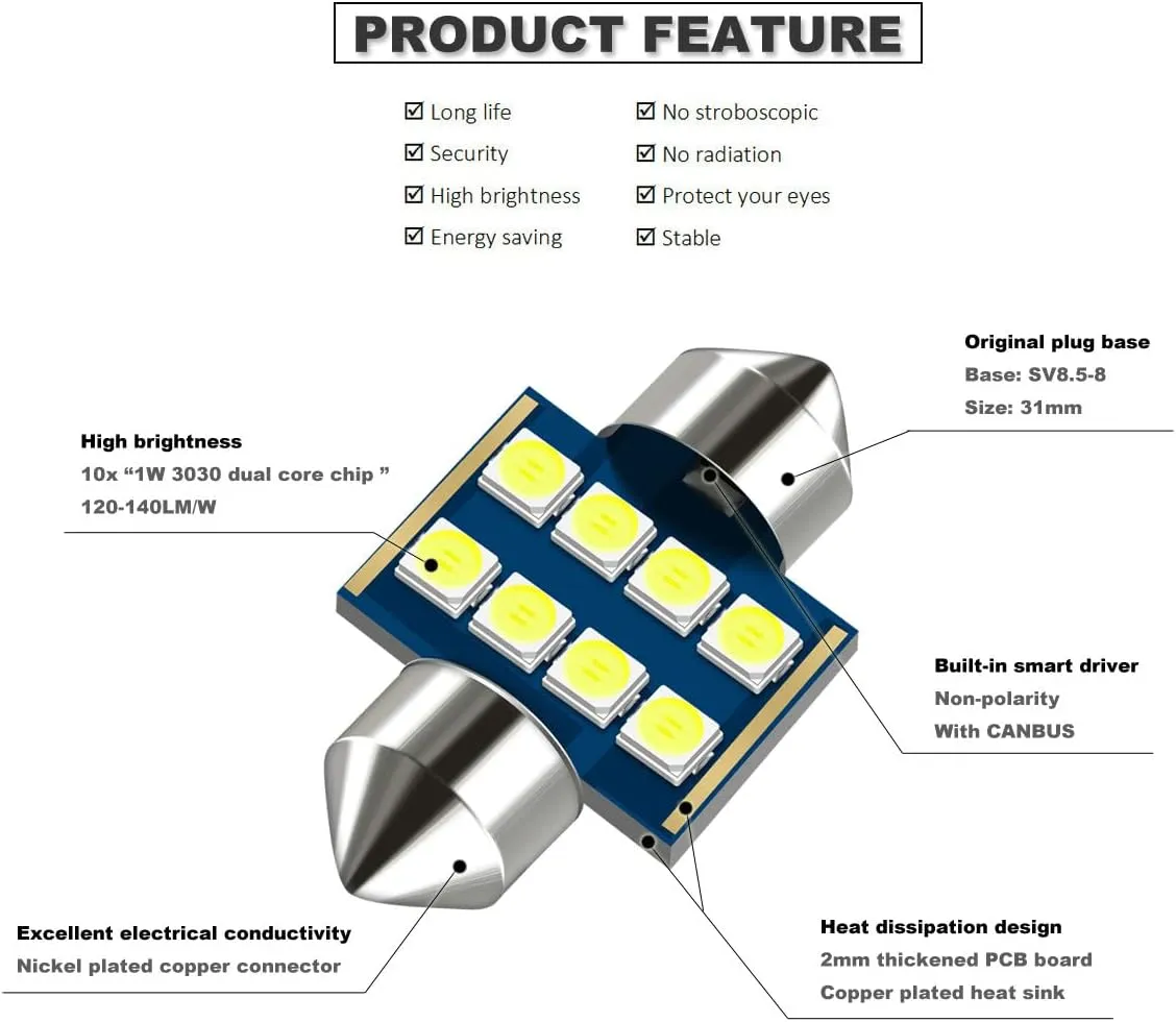 31MM Festoon DE3175 3175 6428 6000K White Extra Bright LED Bulbs for Car Interior Lights License Plate Map Dome Trunk Door Courtesy Light 8-SMD Chipset Canbus Error Free