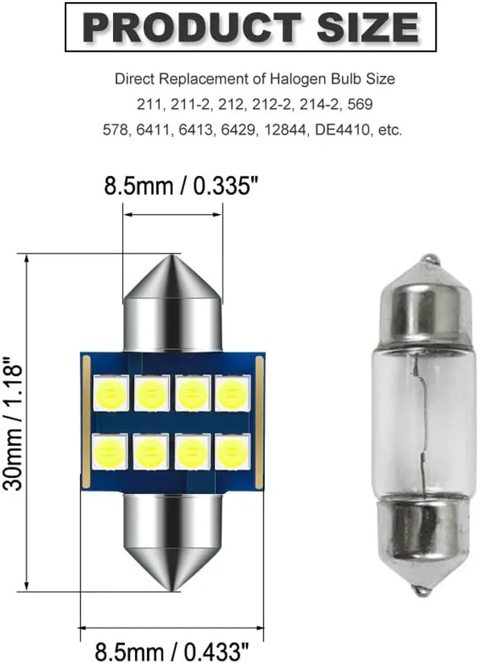 31MM Festoon DE3175 3175 6428 6000K White Extra Bright LED Bulbs for Car Interior Lights License Plate Map Dome Trunk Door Courtesy Light 8-SMD Chipset Canbus Error Free