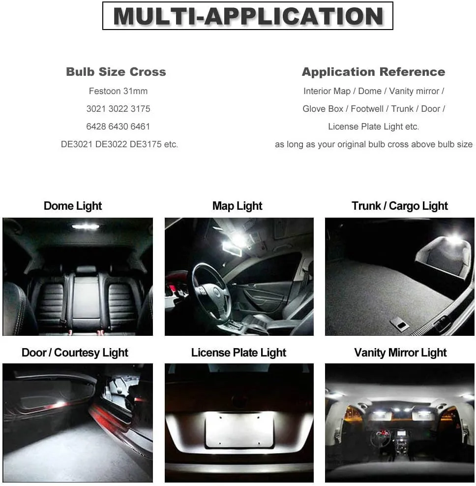 31MM Festoon DE3175 3175 6428 6000K White Extra Bright LED Bulbs for Car Interior Lights License Plate Map Dome Trunk Door Courtesy Light 8-SMD Chipset Canbus Error Free
