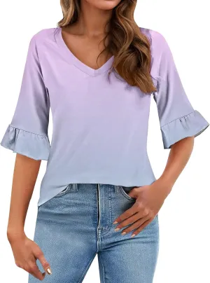 3/4 Sleeve Tops for Women Casual Ruffle V Neck T Shirts Three Quarter Length Work Blouses Dressy Tunic Tops