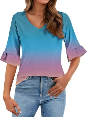 3/4 Sleeve Tops for Women Casual Ruffle V Neck T Shirts Three Quarter Length Work Blouses Dressy Tunic Tops
