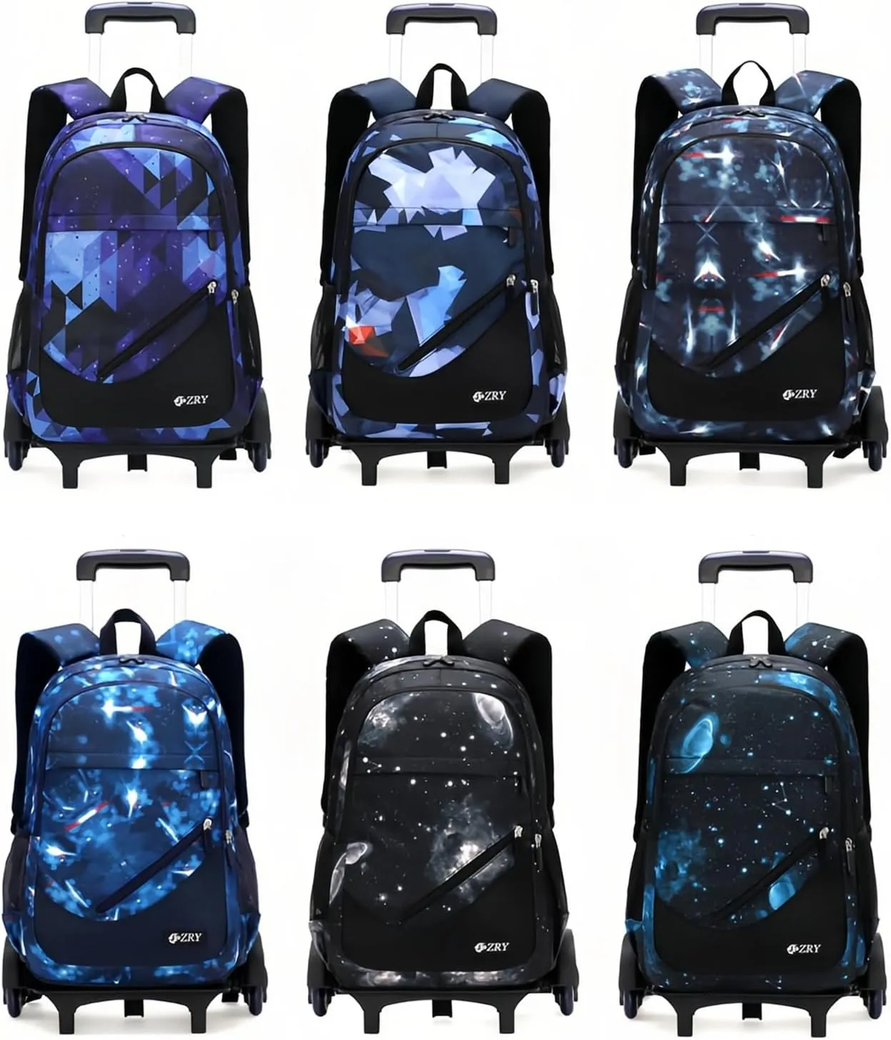 3Pcs Blue Geometric Print Boys Rolling Backpack Set with Crossbody Bag, Capacity Trolley School Bags Elementary Bookbags with 6 Wheels