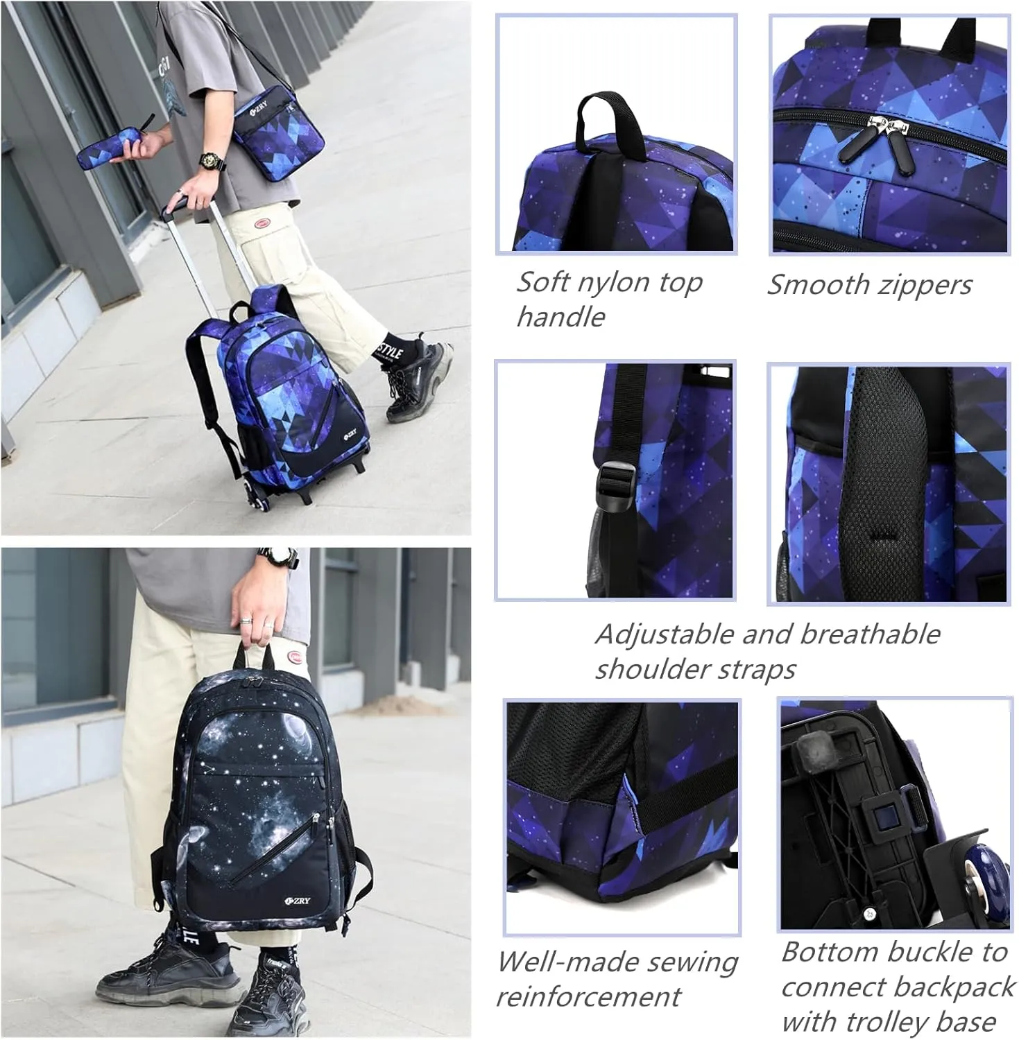 3Pcs Blue Geometric Print Boys Rolling Backpack Set with Crossbody Bag, Capacity Trolley School Bags Elementary Bookbags with 6 Wheels