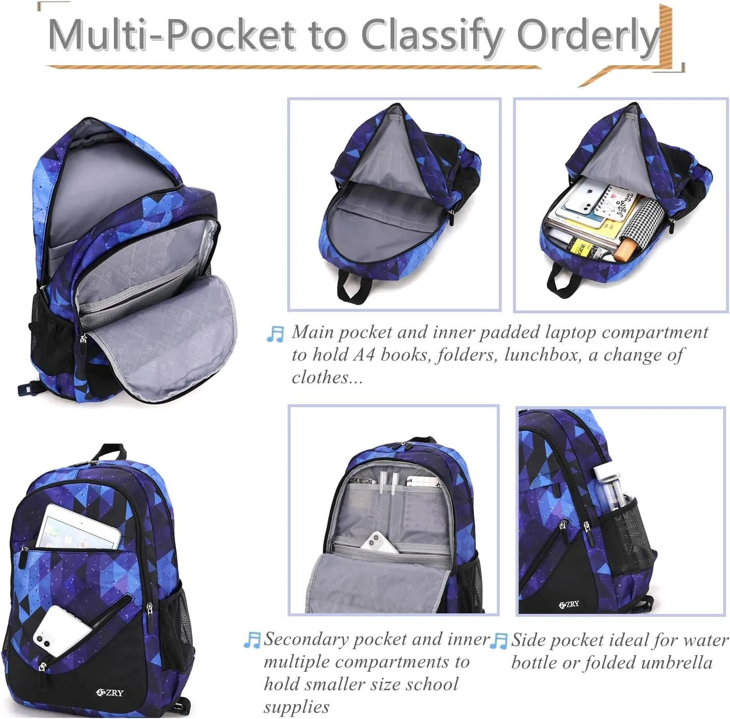 3Pcs Blue Geometric Print Boys Rolling Backpack Set with Crossbody Bag, Capacity Trolley School Bags Elementary Bookbags with 6 Wheels