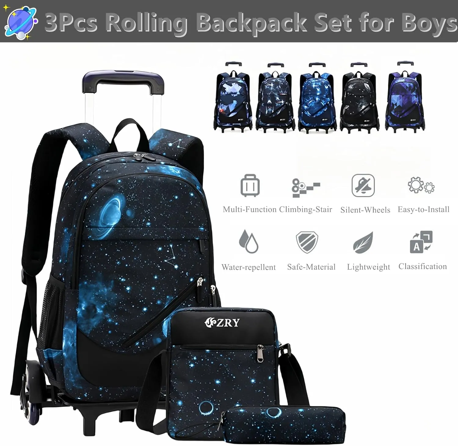 3Pcs Blue Geometric Print Boys Rolling Backpack Set with Crossbody Bag, Capacity Trolley School Bags Elementary Bookbags with 6 Wheels