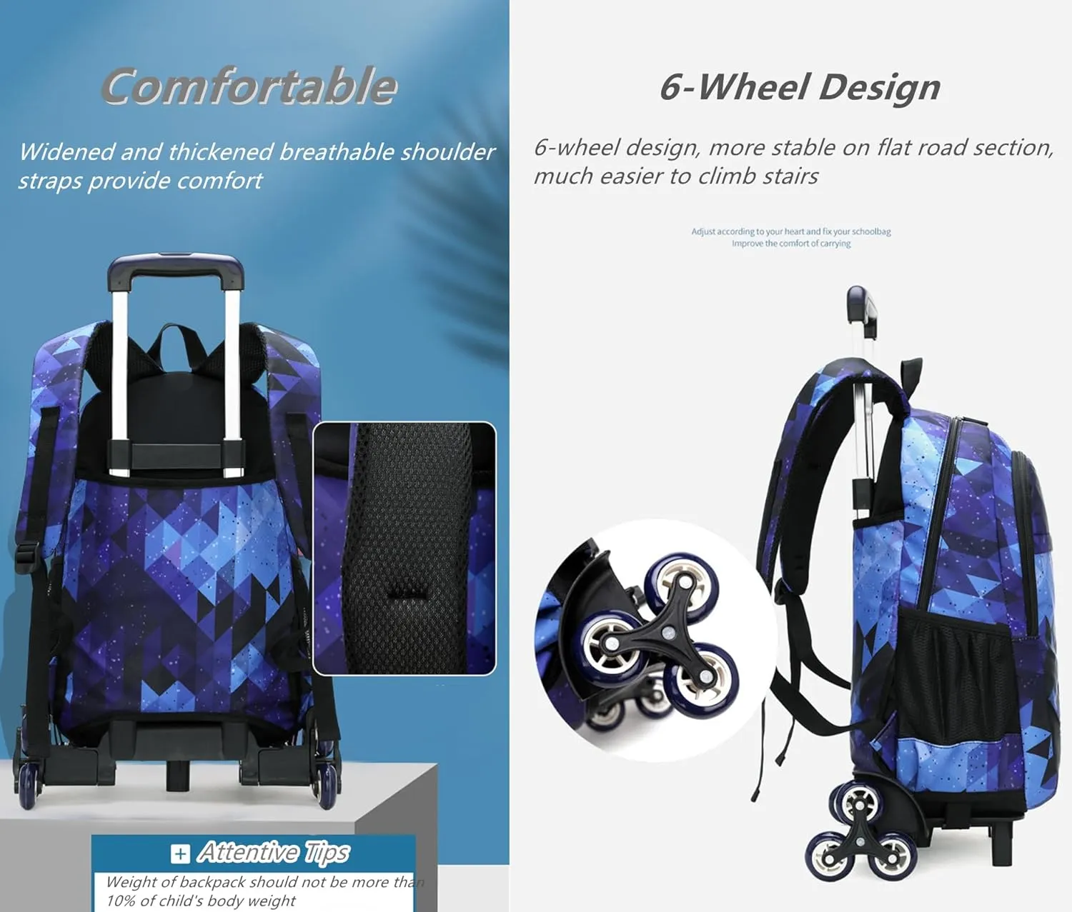 3Pcs Blue Geometric Print Boys Rolling Backpack Set with Crossbody Bag, Capacity Trolley School Bags Elementary Bookbags with 6 Wheels
