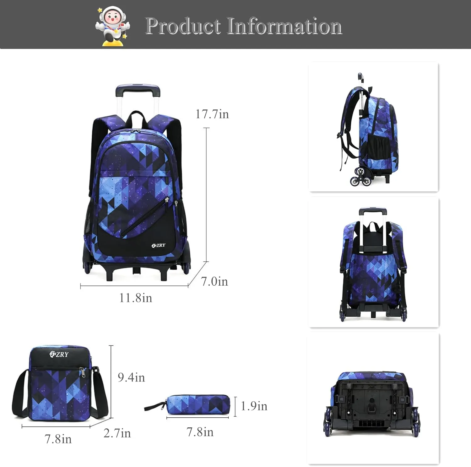3Pcs Blue Geometric Print Boys Rolling Backpack Set with Crossbody Bag, Capacity Trolley School Bags Elementary Bookbags with 6 Wheels