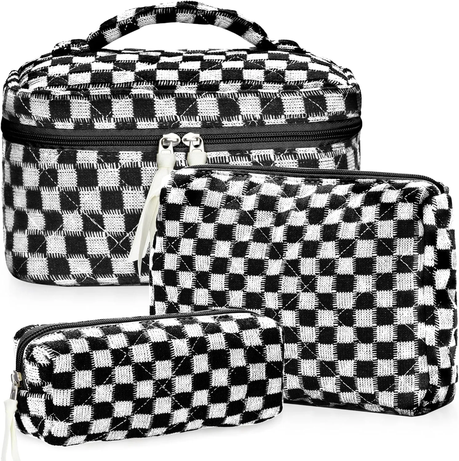 3Pcs Quilted Makeup Bag Set Large Checkered Knitted Cosmetic Bags Cute Coquette Makeup Bag Travel Cosmetic Organizer with Toiletry Pouch & Brush Holder for Women Checkered Mix Black