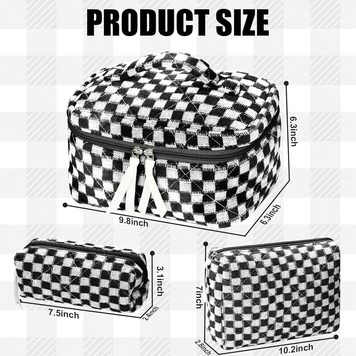 3Pcs Quilted Makeup Bag Set Large Checkered Knitted Cosmetic Bags Cute Coquette Makeup Bag Travel Cosmetic Organizer with Toiletry Pouch & Brush Holder for Women Checkered Mix Black
