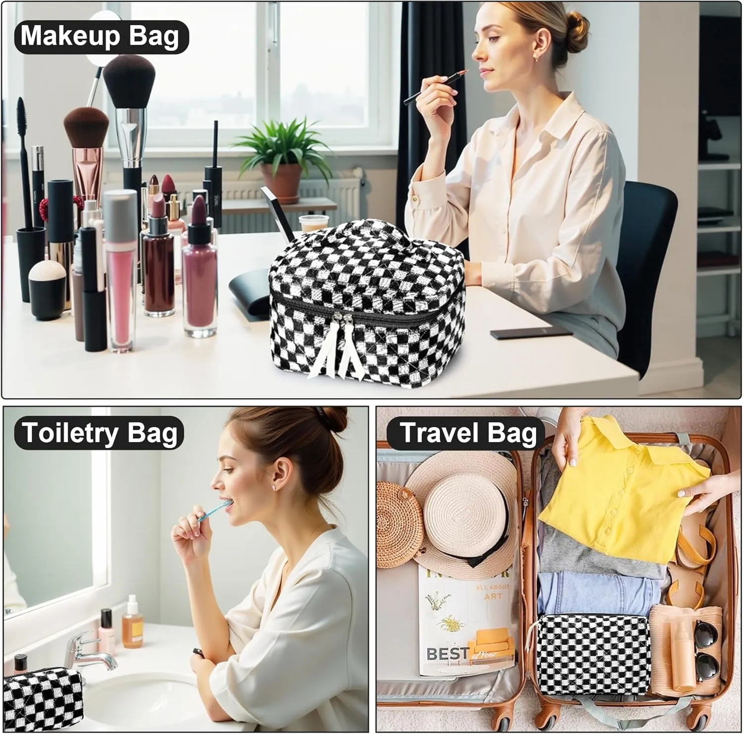 3Pcs Quilted Makeup Bag Set Large Checkered Knitted Cosmetic Bags Cute Coquette Makeup Bag Travel Cosmetic Organizer with Toiletry Pouch & Brush Holder for Women Checkered Mix Black