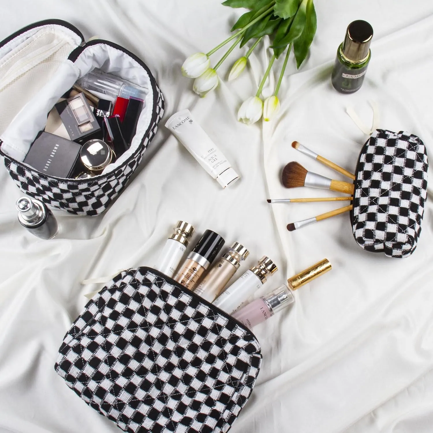 3Pcs Quilted Makeup Bag Set Large Checkered Knitted Cosmetic Bags Cute Coquette Makeup Bag Travel Cosmetic Organizer with Toiletry Pouch & Brush Holder for Women Checkered Mix Black