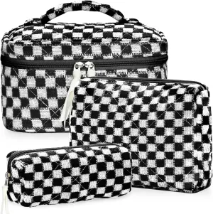 3Pcs Quilted Makeup Bag Set Large Checkered Knitted Cosmetic Bags Cute Coquette Makeup Bag Travel Cosmetic Organizer with Toiletry Pouch & Brush Holder for Women Checkered Mix Black