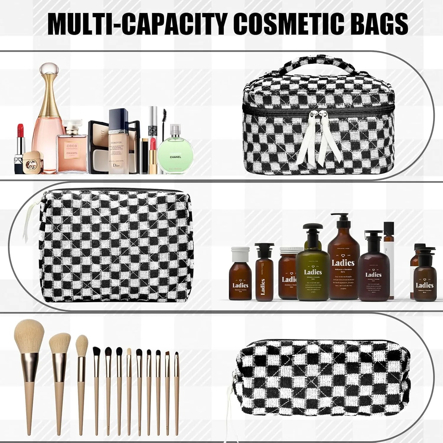 3Pcs Quilted Makeup Bag Set Large Checkered Knitted Cosmetic Bags Cute Coquette Makeup Bag Travel Cosmetic Organizer with Toiletry Pouch & Brush Holder for Women Checkered Mix Black