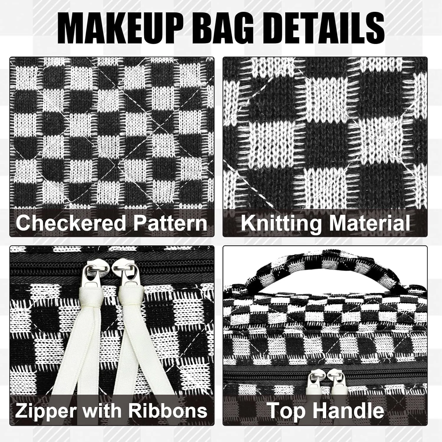 3Pcs Quilted Makeup Bag Set Large Checkered Knitted Cosmetic Bags Cute Coquette Makeup Bag Travel Cosmetic Organizer with Toiletry Pouch & Brush Holder for Women Checkered Mix Black