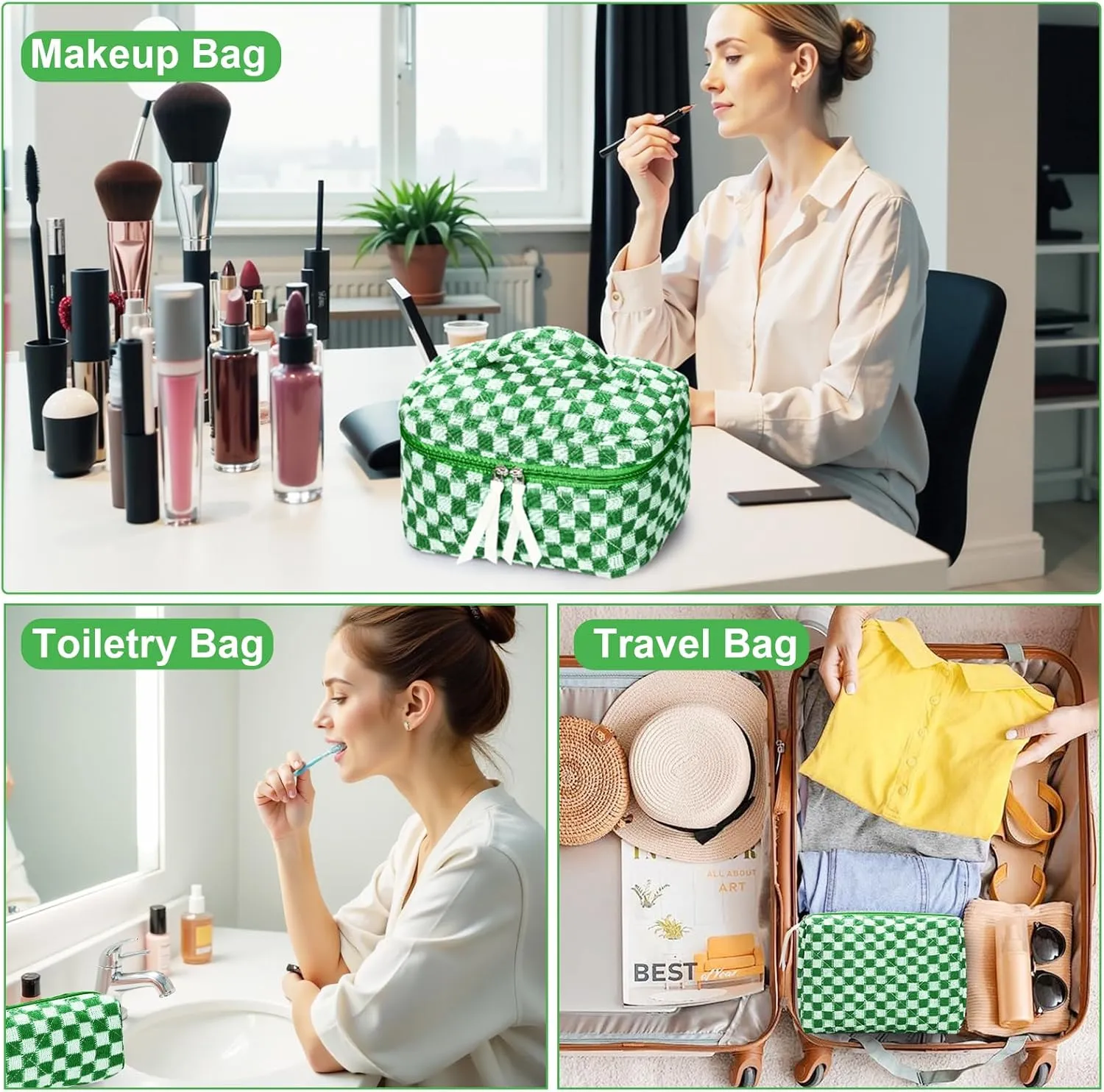 3Pcs Quilted Makeup Bag Set Large Checkered Knitted Cosmetic Bags Cute Coquette Makeup Bag Travel Cosmetic Organizer with Toiletry Pouch & Brush Holder for Women Checkered Mix Green