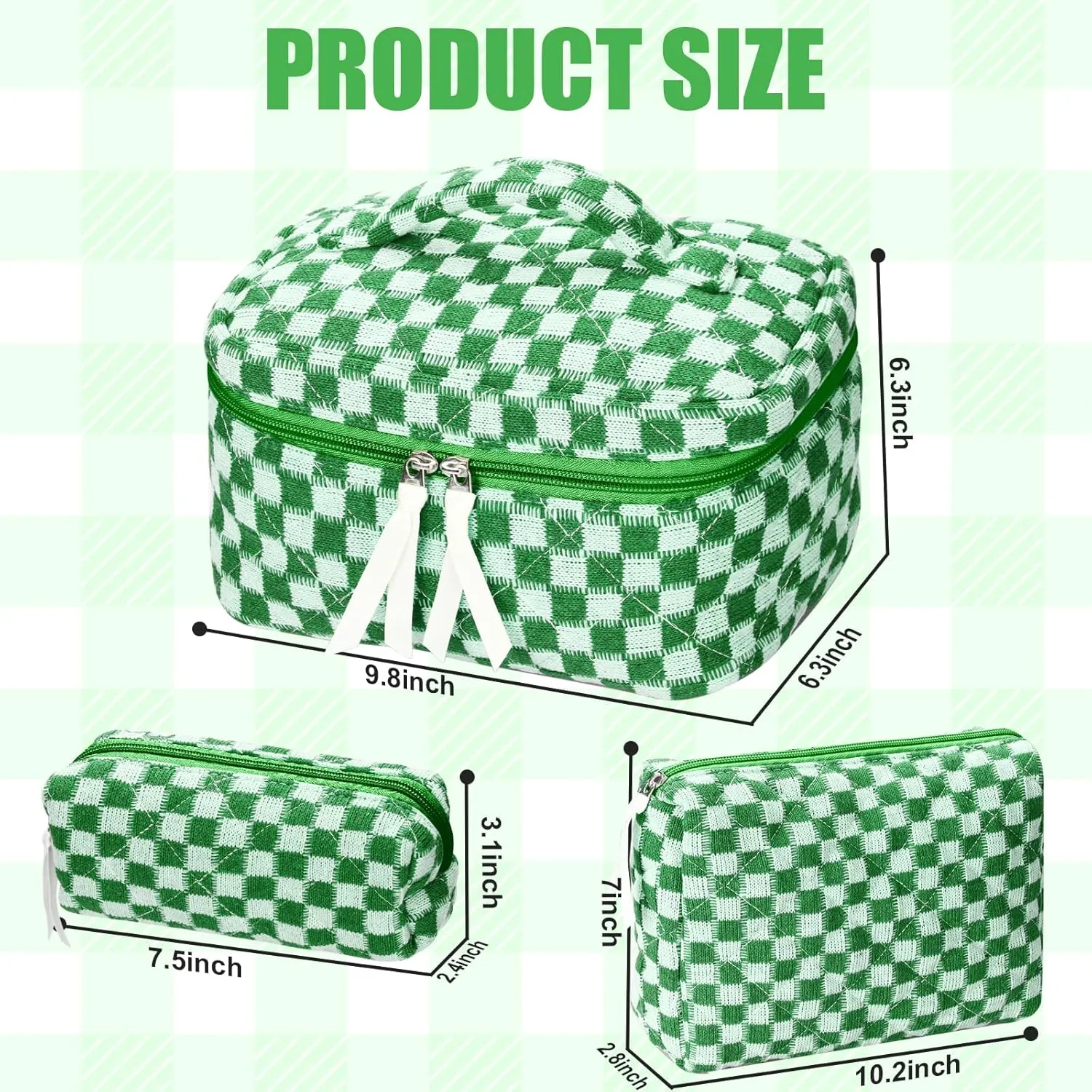 3Pcs Quilted Makeup Bag Set Large Checkered Knitted Cosmetic Bags Cute Coquette Makeup Bag Travel Cosmetic Organizer with Toiletry Pouch & Brush Holder for Women Checkered Mix Green