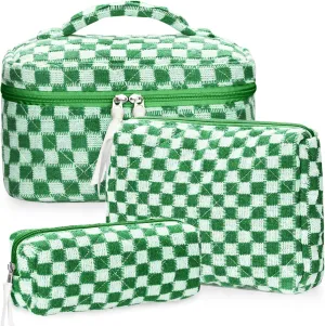 3Pcs Quilted Makeup Bag Set Large Checkered Knitted Cosmetic Bags Cute Coquette Makeup Bag Travel Cosmetic Organizer with Toiletry Pouch & Brush Holder for Women Checkered Mix Green